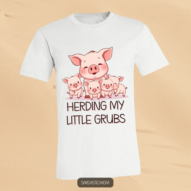 Funny mother pig character attempting to herd stubborn piglets, highlighting the humorous challenge of motherhood on this t-shirt.