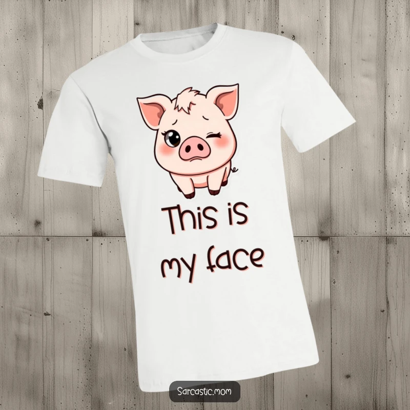 Funny t-shirt graphic of a pig mom character with one eye dramatically rolled back and a slight frown, expressing humorous frustration.