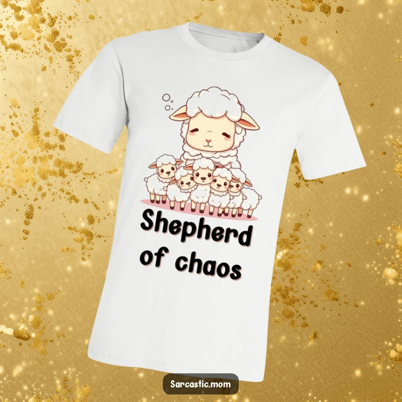 Funny Sheep Mom T-Shirt: A sighing mother sheep is surrounded by a flock of energetic, unruly lambs.