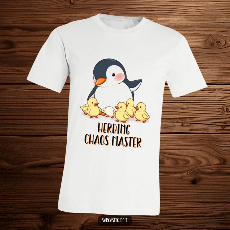 Funny t-shirt featuring a penguin mom attempting to herd a flock of rambunctious ducklings, a humorous take on parenting challenges.
