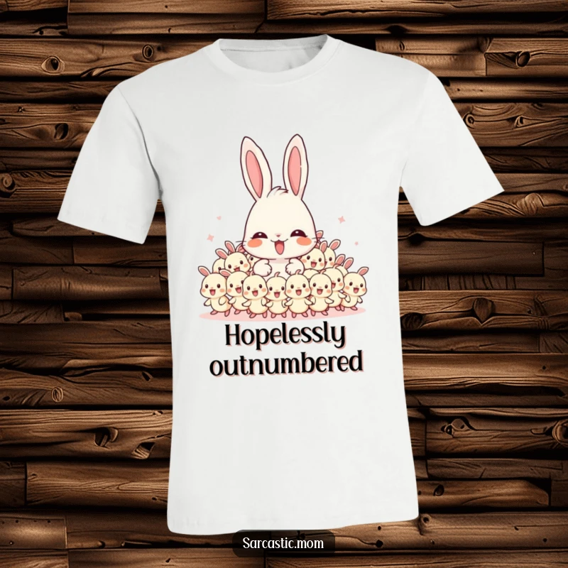 Funny Mama Bunny t-shirt depicting an overwhelmed mother bunny swarmed by energetic baby bunnies, a humorous take on parenting.