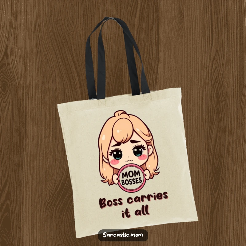 Funny Mom Boss tote bag with a sarcastic badge. A humorous and practical accessory.