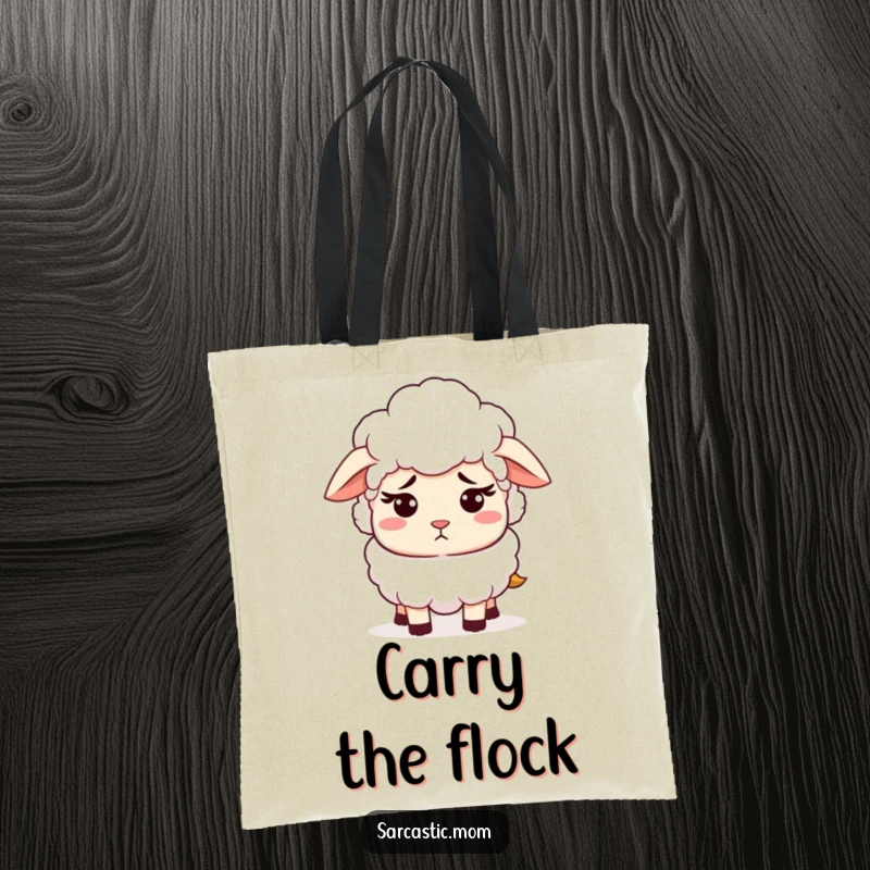 Funny tote bag featuring a sheep mom with a patient but exasperated expression. This design captures relatable maternal strength and humor.