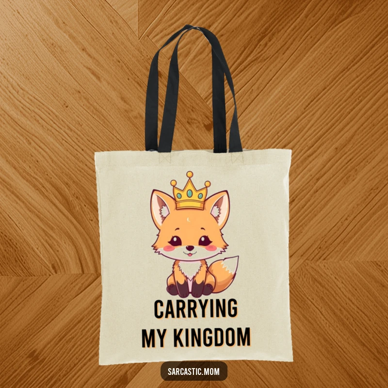 Funny fox cub tote bag, balancing a small, crooked crown, ready for royal errands. A practical and funny gift.