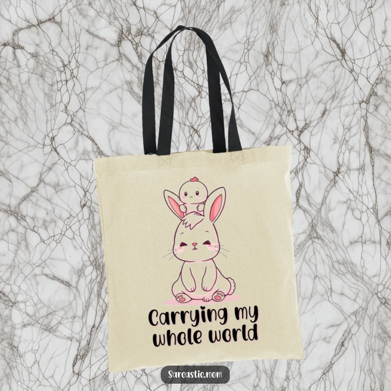 Funny tote bag showing a bunny mom balancing a baby on her head, a practical and humorous accessory for moms.