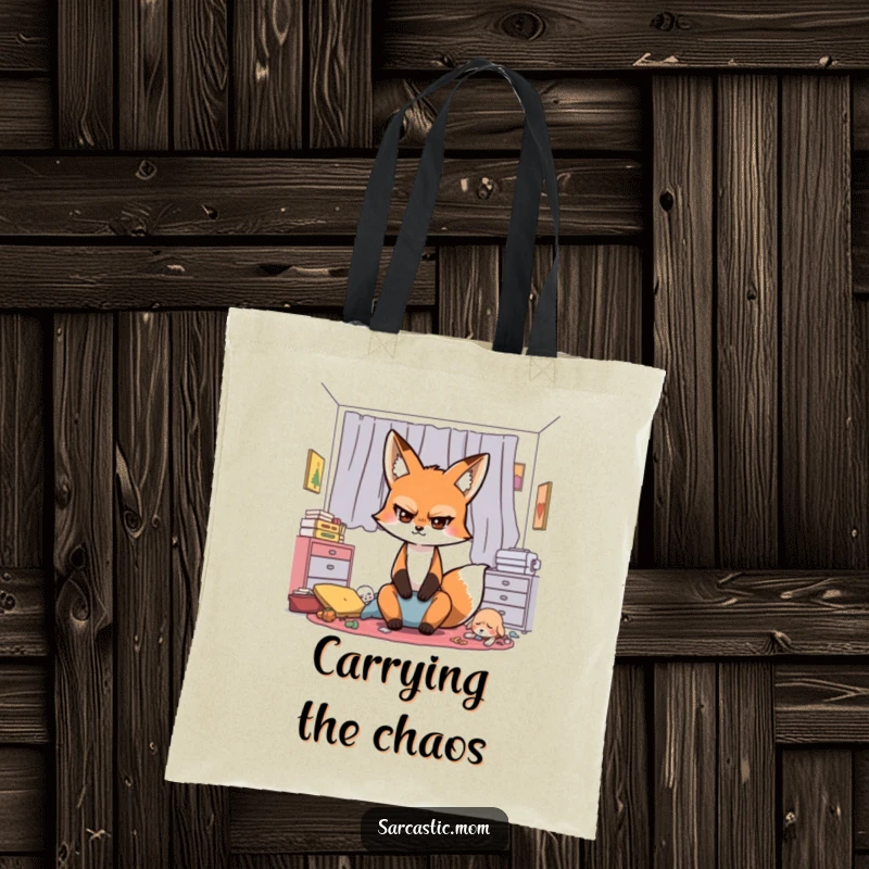 Funny Sarcastic Fox Mom Tote Bag, a fox mom's exaggerated eye-roll capturing the humor of a disorganized living space.
