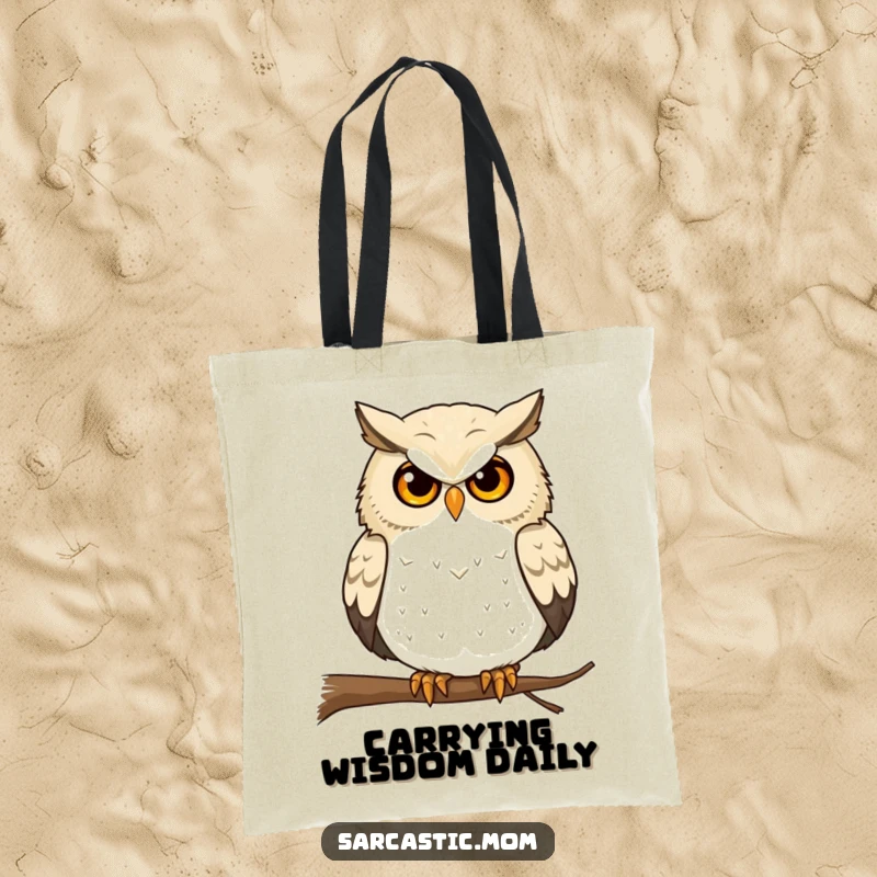 Funny Owl Mom Tote Bag: A wise owl mom gives a pointed stare from her treetop perch.