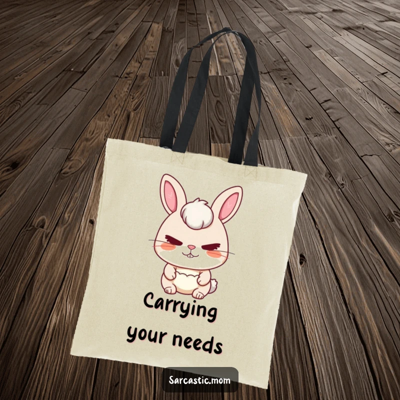 Funny Rabbit Mom Tote Bag with a rabbit mom's stern yet loving face, ideal for carrying everyday items.