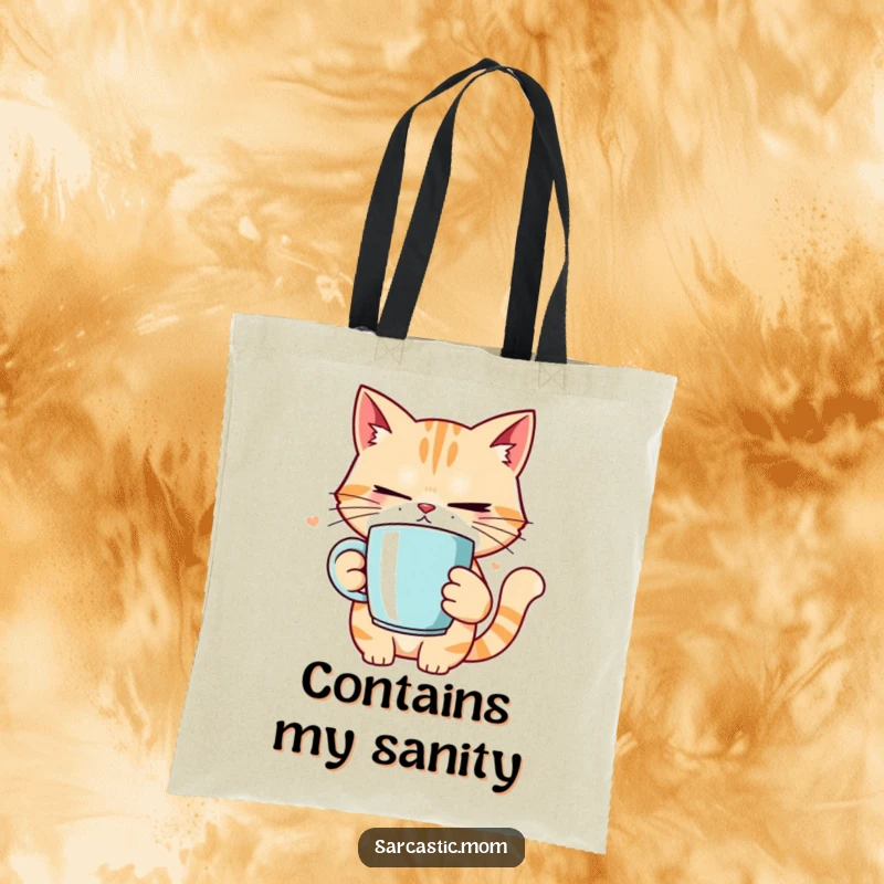 Funny cat mom rolling eyes, carrying essentials in a tote bag, expressing her tired but loving demeanor.