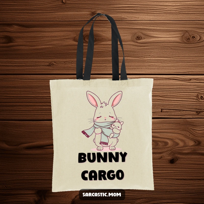 Funny bunny mom using a baby sling as a scarf, depicted on a tote bag for humorous mom appeal.
