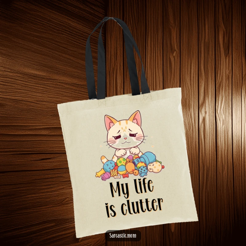 Funny Cat Mom tote bag showing an exasperated mother cat looking at a pile of scattered toys, perfect for pet parents.