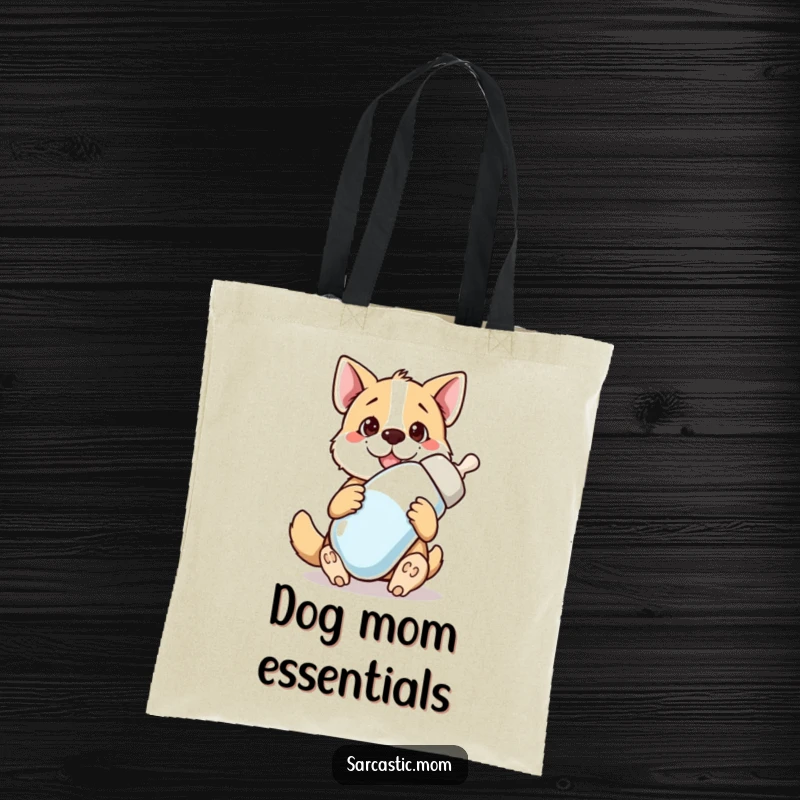 Funny dog mom with a giant baby bottle on a tote bag, illustrating the humorous nurturing side of pet care.