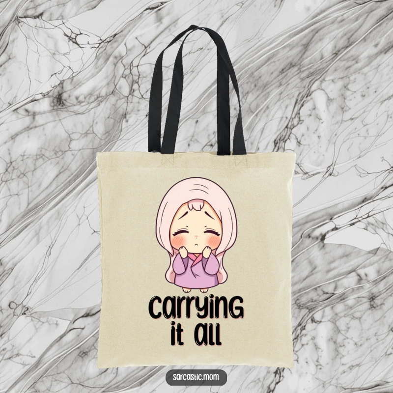 Funny tote bag with a mother figure sighing and rolling her eyes, humorously depicting maternal patience and expressive reactions.