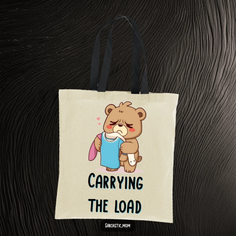 Funny Grumpy Bear Mom Tote Bag, a mama bear sighing with a laundry pile, perfect for carrying essentials with a touch of humor.