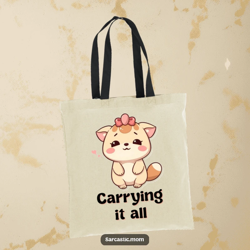 Funny Kawaii Mom Sigh Tote Bag with a cute animal mom character sighing dramatically yet smiling. Practical and humorous.