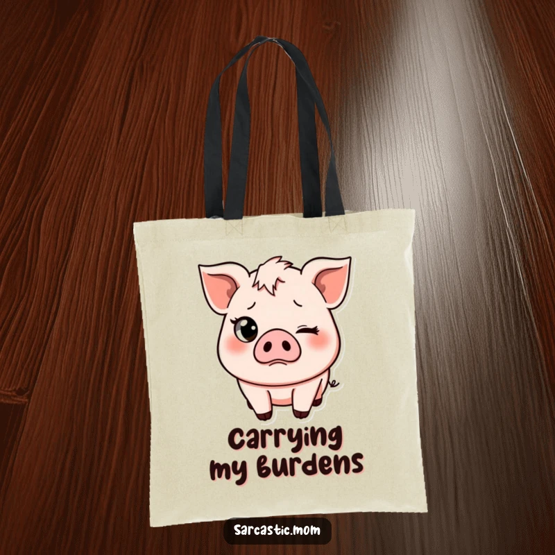 Funny tote bag featuring a pig mom with a prominent eye-roll and a slight frown. This design captures relatable maternal humor.