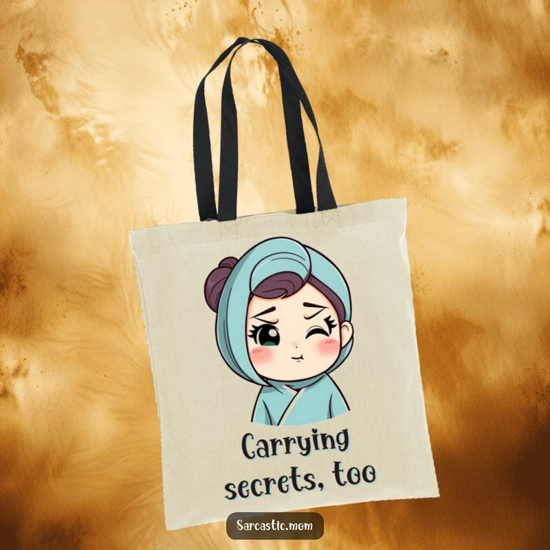 Funny tote bag with a mother figure's raised eyebrow and knowing smirk, perfect for carrying essentials with humorous maternal style.