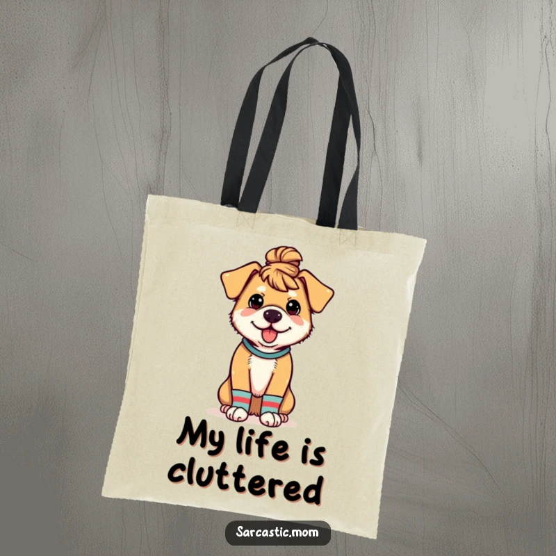 Funny tote bag featuring a dog mom with a messy bun and mismatched socks, perfect for carrying essentials with canine-themed humor.