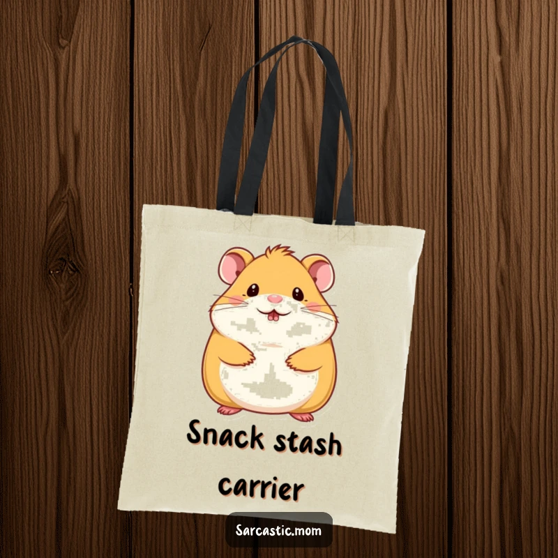 Funny hamster mom tote bag with a cute hamster mother doing a tiny chin wag, perfect for humorous and stylish carrying.