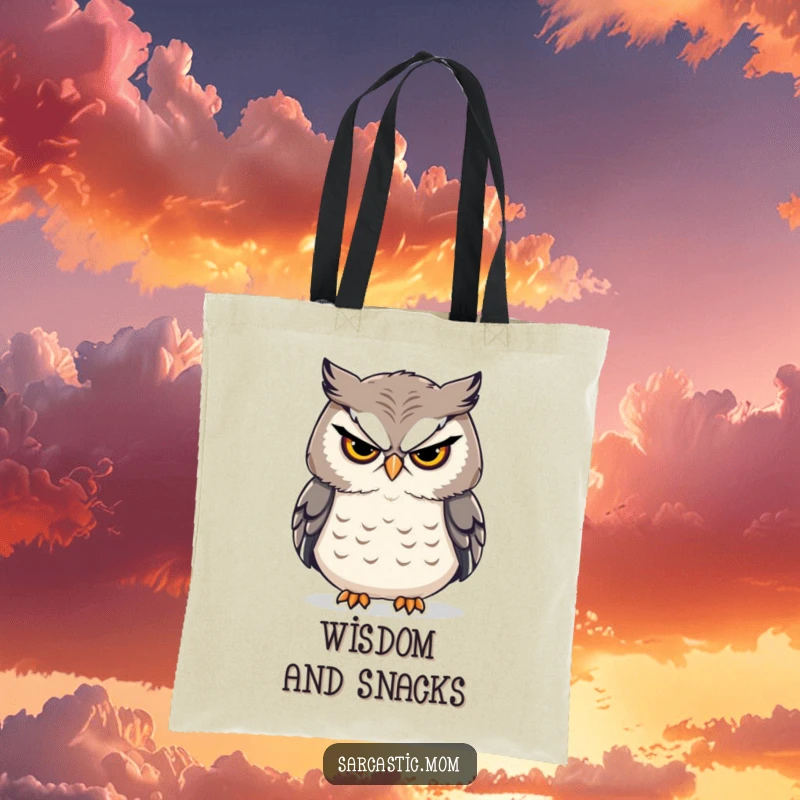 Funny sarcastic owl mom with a stern sigh on a tote bag, illustrating the humorous wisdom of motherhood.